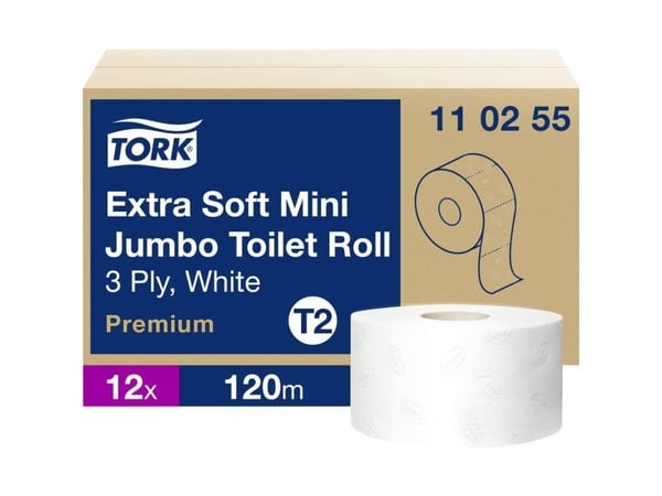 Toiletpapir Tork T2 Mini Jumbo Extra Soft Premium 3-lags hvid 120m - (12 ruller pr. karton)