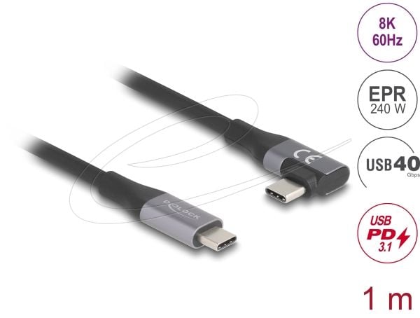 Delock USB 40 Gbps Kabel gewinkelt links / rechts USB PD 3.1 Extended Power Range 240 W 1 m