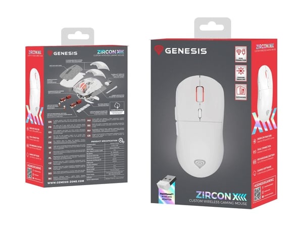 Genesis Zircon XIII Custom - Mus - optisk - 7 knapper - kablet, trådløs - USB-C, 2.4 GHz, USB-A - USB trådløs mottaker - hvit - hengeboks