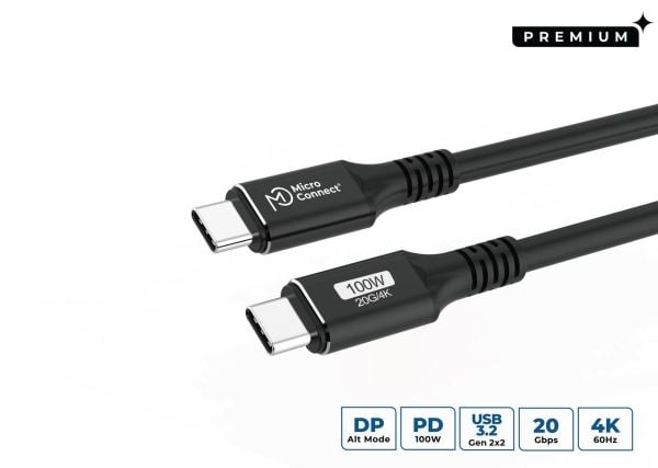 Premium USB-C kaapeli 0.5m 20Gbps, 100W, USB 3.2 Gen 2x2