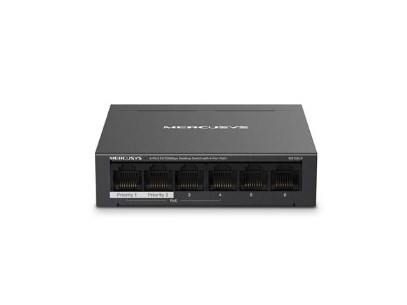 Mercusys MS106LP, Håndtert, Fast Ethernet (10/100), Strøm over Ethernet (PoE), Kan monteres på vegg