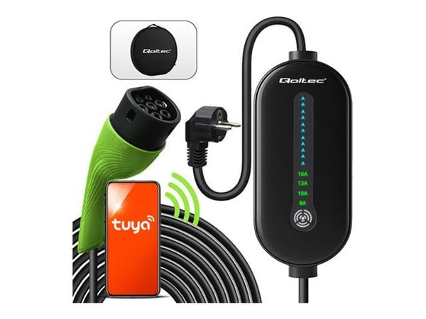 Qoltec Mobil lader for elbil EV med justerbar 2in1 Type2 | 3,5 kW | 230 V | LCD | LED | 5 m