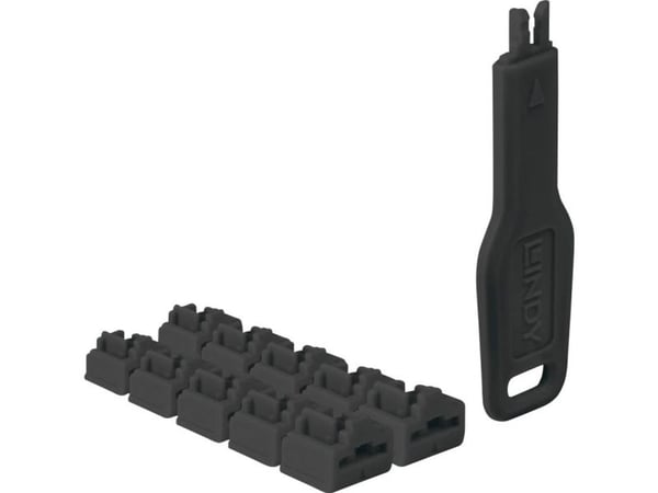 Lindy 47891, Portblokkering + nøkkel, RJ-45, Svart, Akrylonitril-butadien-styren (ABS), 10 stykker, Polybag