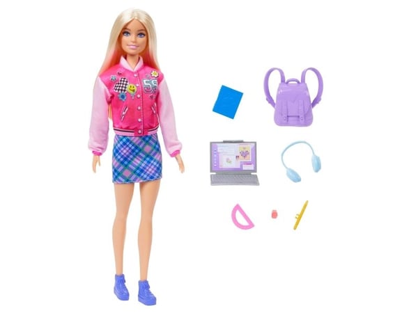 Barbie I Love School-leksaksset med sju tillbehör, blond modedocka i avtagbara kläder, Modedocka, Honkoppling, 3 År, Flicka, 330,2 mm, 45 g