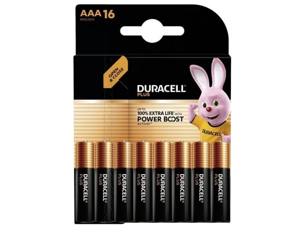 Duracell Plus, Engangsbatteri, AAA, Alkalinsk, 1,5 V, 16 stykker, Svart, Gull