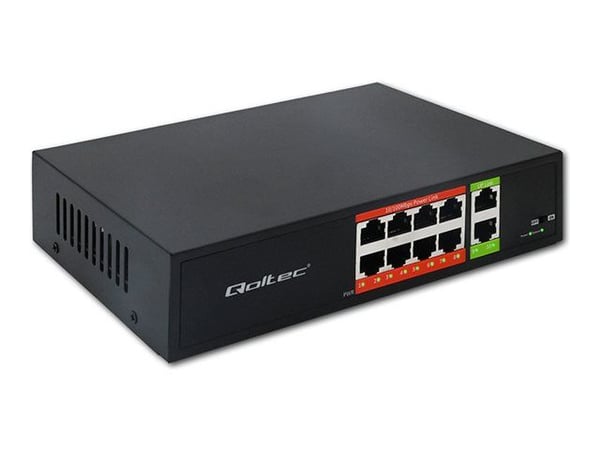 Qoltec - Switch - ikke-styrt - 8 x 10/100 (PoE) + 2 x 10/100 (opplink) - stasjonær - PoE (120 W)