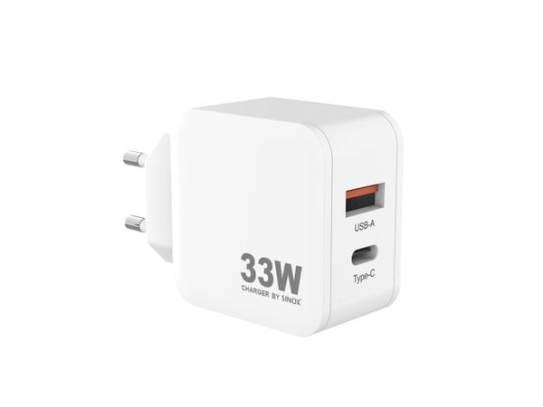 Sinox PRO 230V USB-A+USB-C PD-laturi 33W. Valkoinen