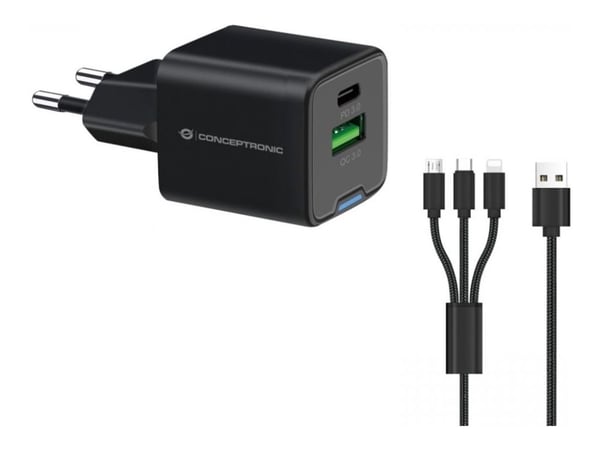 Conceptronic - Strømadapter - 33 watt - 3 A - Power Delivery 3.0 + PPS, QC 3.0 - 2 utgangskontakter - svart
