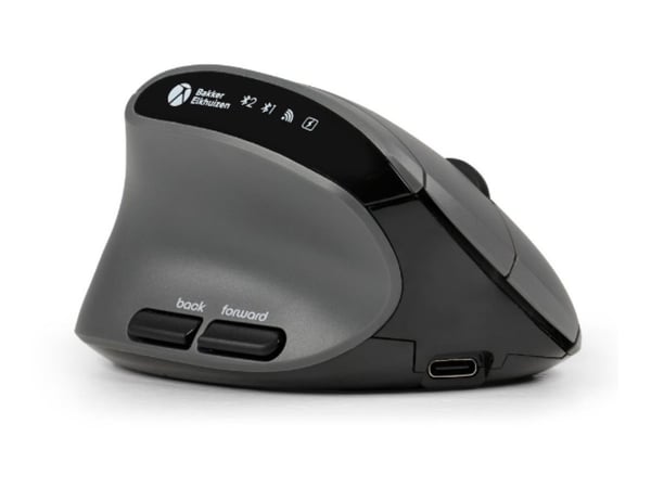 BakkerElkhuizen MidWay - Vertikal mus - ergonomisk - venstrehendt - optisk - 7 knapper - trådløs, kablet - 2.4 GHz, USB-C, Bluetooth 5.2 - mørk grå...