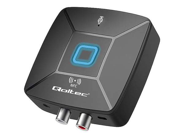 Qoltec trådløs lydsender HiFi-mottaker for hjem og bil | Bluetooth 6.0 | NFC | 2 x RCA | 1 x AUX MiniJack 3,5 mm | Mikrofoner
