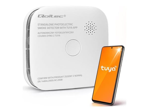 Qoltec-sertifisert trådløs røykvarsler med batteri | Tuya | Wi-fi | sensorlevetid 10 år | 85 dB alarm | LED