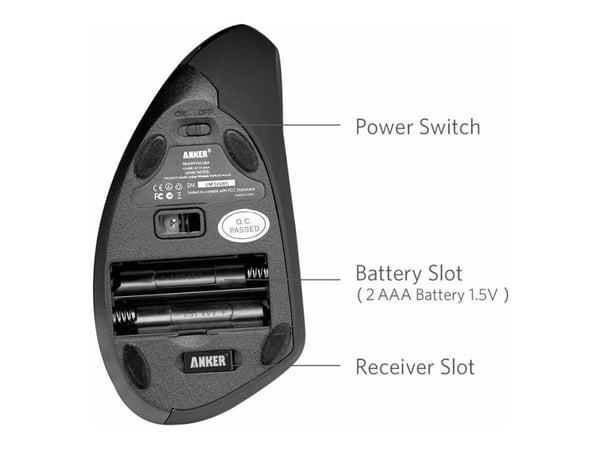 Anker Vertical Ergonomic - Vertikal mus - optisk - 5 knapper - trådløs - 2.4 GHz - USB trådløs mottaker - svart