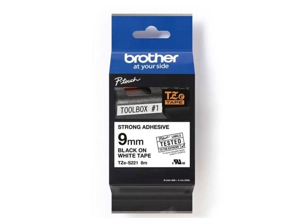Brother TZe-S221 - sort på hvid 9mm x 8m ekstra stærkt klæbemiddel