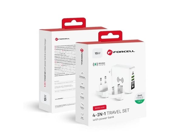FORCELL F-ENERGY 4in1 15W, jossa on USB/USB-tyypin C-liittimet, 8000mAh tehopankki ja langaton latausjärjestelmä