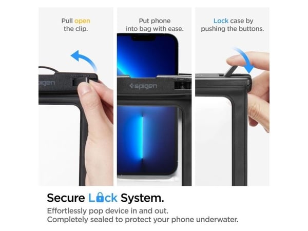 Spigen A601, Vannsportsaktiviteter, Smarttelefon, Svart, Gjennomsiktig, Polykarbonat, Klikkspenne, IPX8