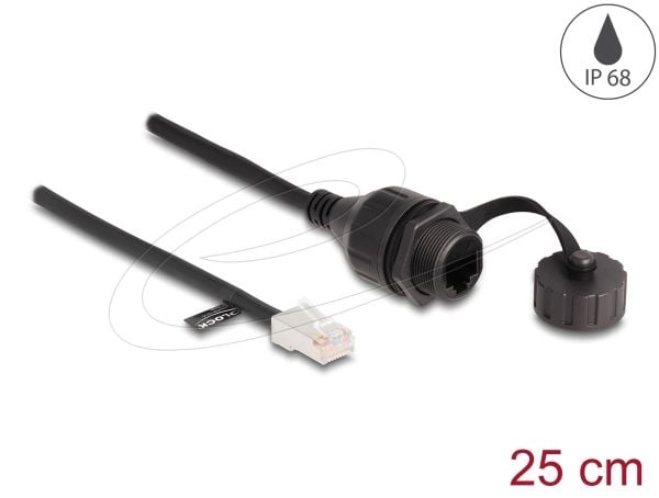 Delock kaapeli RJ45 uros RJ45 naaras asennukseen, jossa on tiivistekorkki Cat.5e FTP IP68 pöly- ja vesitiivis 25 cm 25 cm