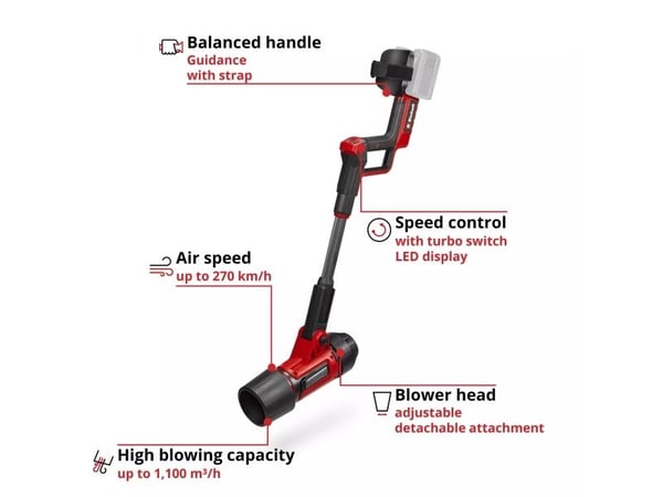 Einhell GP-LB 36/270 Li E BL-Solo, Käsipuhallin, 270 km/h, 1100 m³/h, Akku, 36 V, Harjaton - SOLO