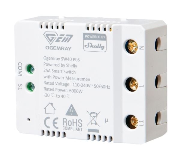 Ogemray Smart relay 25A - 1-vaiheinen älykäs rele tehonmittauksella - Powered By Shelly