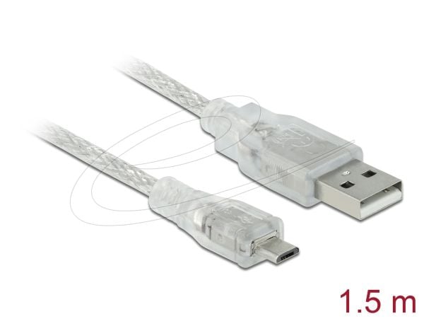 DeLOCK 1.5m, USB2.0-A/USB2.0 Micro-B, 1,5 m, USB A, Micro-USB B, USB 2.0, Uros/uros, Läpinäkyvä