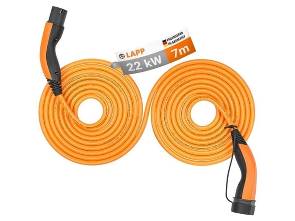 Tyypin 2 itsestään sisäänvedettävä latauskaapeli, enintään 22 kW, 7 m, oranssi