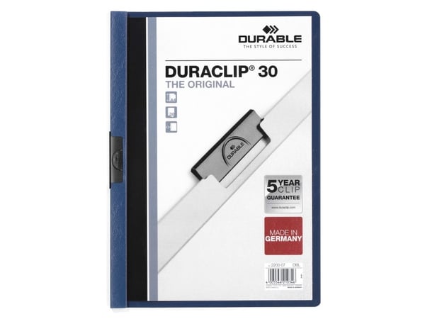 DURABLE DURACLIP ORIGINAL 30 - Klipsfil - for A4 (210 x 297 mm) - kapasitet: 30 ark - blå med transparent frontdeksel (en pakke 5)
