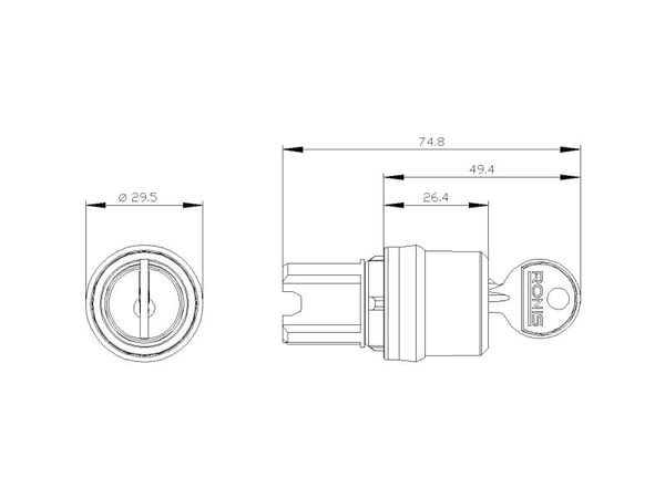 Siemens 3SU1050-4BL51-0AA0 Schlüsselschalter RONIS Schlüsselabzug O+I, IP67, IP69K, 2,23 cm, 40 mm, 100 mm, 40 mm, 79 g