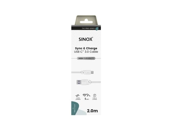 Sinox PRO USB C till USB A kabel. 2m. Vit, 2 m, USB C, USB A, USB 3.2 Gen 1 (3.1 Gen 1), 5 Gbit/s, Vit