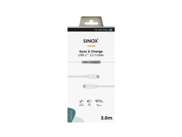 Sinox SXI06463, 3 m, USB C, USB C, USB 3.2 Gen 2 (3.1 Gen 2), 10 Gbit/s, Hvit