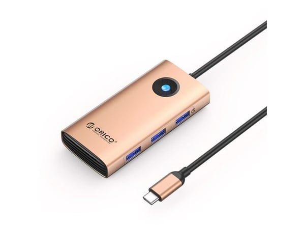 Orico USB-C 6w1 | 3x USB-A 3.0 | 1x USB-C PD 100 W | 1x HDMI 4K 30 Hz | 1x RJ45 Gigabit Ethernet roséguld