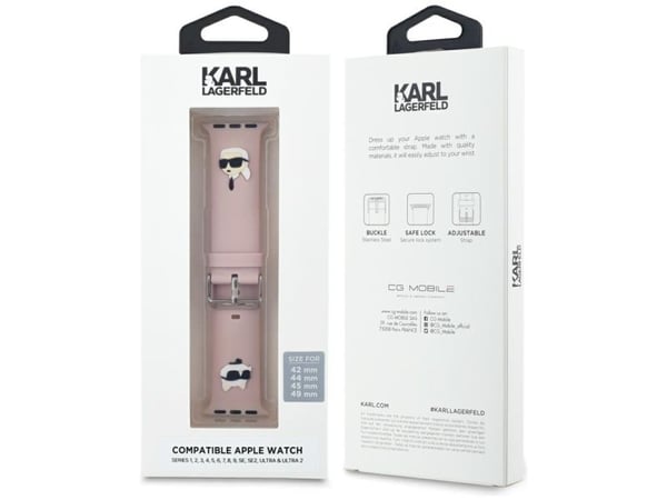 Karl Lagerfeld rem KLAWLSLKCNP til Apple Watch 4/5/6/7/8/9/SE/Ultra 42/44/45/49mm, 3D gummi, Karl&Choupette, rosa/pink