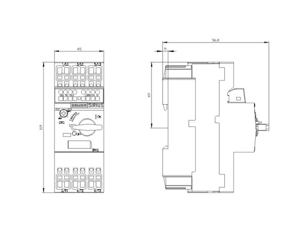 Siemens 3RV2021-4CA25 Katkaisija 1 kpl Asetusalue (virta): 16 - 22 A Kytkentäjännite (max.): 690 V/AC (L x K x S) 45 x 119 x 97 mm