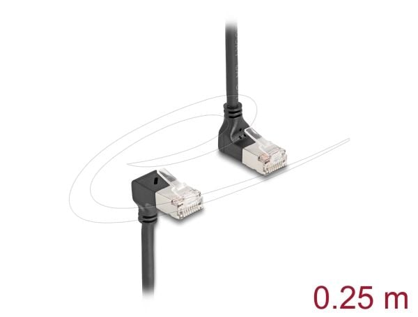 Delock RJ45 verkkokaapeli Cat.6A S/FTP Slim 90° kulma ylhäällä / alhaalla 0,25 m musta