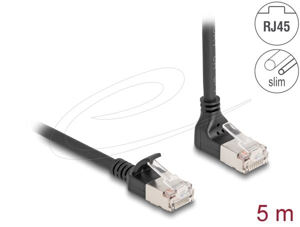 Delock - Patch-kabel - RJ-45 (hane) uppåtvinklad till RJ-45 (hane) rak - 5 m - 4.5 mm - S/FTP - CAT 6a - startad, halogenfri, hakfri - svart