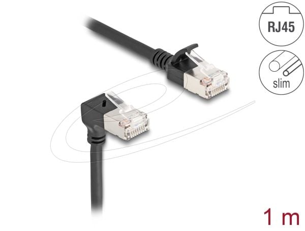 Delock - Patch-kabel - RJ-45 (hane) nedåtvinklad till RJ-45 (hane) rak - 1 m - 4.5 mm - S/FTP - CAT 6a - startad, halogenfri - svart