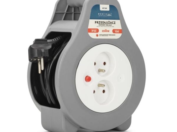 Montis Przedluzacz domowy zwijany 10m MT189, Grå, Plast, 2 AC-utgångar, 1 mm ², IP20, Överbelastning, Överhettning