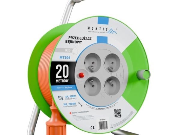 Montis förlängningskabel på trumma MT104-20 4x2p+Z 10A 2300W 3x1 20 m orange