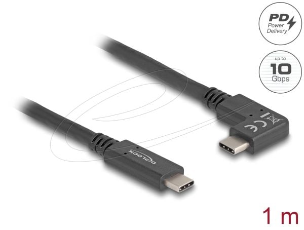 Delock - USB-kabel - 24 pin USB-C (hann) til 24 pin USB-C (hann) vinklet - USB 3.2 Gen 2 - 3 A - 1 m - USB Power Delivery (60W), 4 K 144 Hz (3840 x...