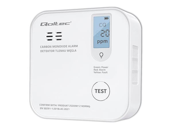 Qoltec-sertifisert trådløs karbonmonoksiddetektor med batteri | CO-detektor | sensorlevetid 10 år | 85 dB alarm | LED
