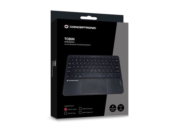 Conceptronic TOBIN01BES - Tastatur - 10" - med styreplate, LED-indikator - trådløs - Bluetooth 5.4 - QWERTY - Spansk - svart - hengeboks
