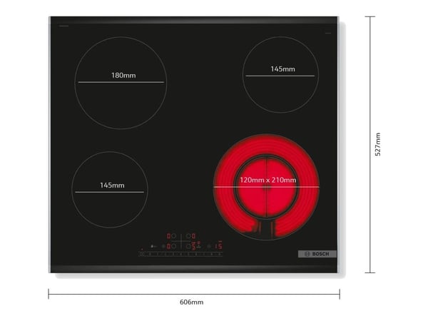 Bosch Serie | 6 PKF675FP2E - Keramisk kogeplade - 4 plader - Niche - bredde: 56 cm - dybde: 49 cm - sort - med rustfrit stål-pynt