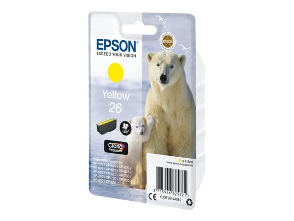 Epson Polar bear 26 Jääkarhut Claria Premium, yksittäispakkaus, keltainen muste, Perusvärintuotto, Keltainen, Väriainepohjainen muste, 4,5 ml, 1 kp...