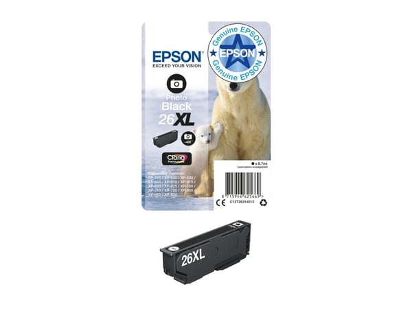 Epson Polar bear Yksittäispakkaus, valokuvamusta 26XL Claria Premium -muste, Korkea (XL) värintuotto, Väripohjainen muste, 8,7 ml, 400 sivua, 1 kpl