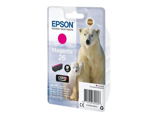 Epson Polar bear 26 Jääkarhut Claria Premium, yksittäispakkaus, magenta muste, Perusvärintuotto, Magenta, Väriainepohjainen muste, 4,5 ml, 1 kpl, K...
