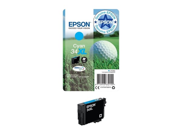 Epson Golf ball 34XL Golfpallo DURABrite Ultra, yksittäispakkaus, syaani muste, Korkea (XL) värintuotto, Syaani, 10,8 ml, 1 kpl, 950 sivua