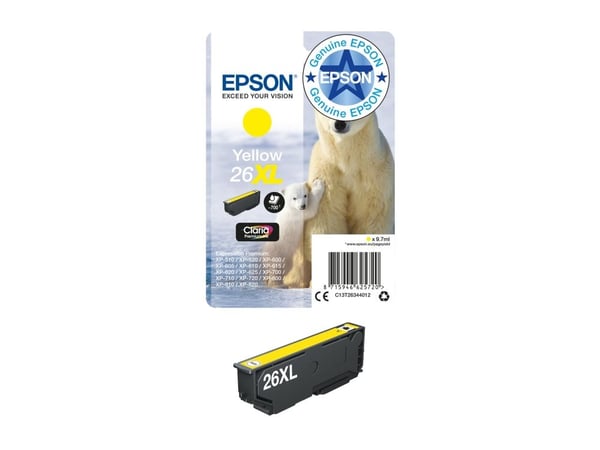 Epson Polar bear Yksittäispakkaus, keltainen 26XL Claria Premium -muste, Korkea (XL) värintuotto, Väriainepohjainen muste, 9,7 ml, 700 sivua, 1 kpl