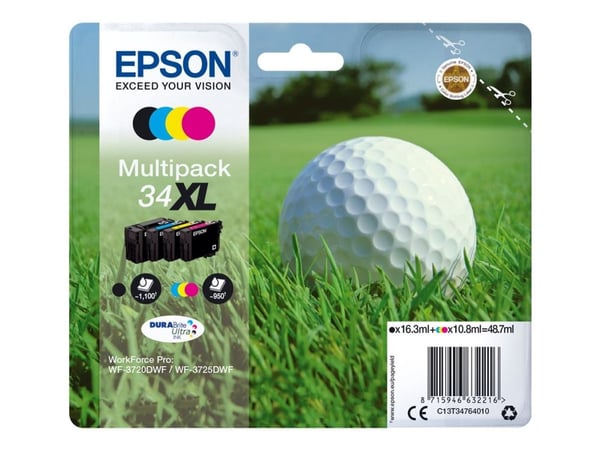Epson 34XL - 4-pack - XL - svart, gul, cyan, magenta - original - blære med RF/lyd-alarm - blekkpatron - for WorkForce Pro WF-3720DWF, WF-3725DWF