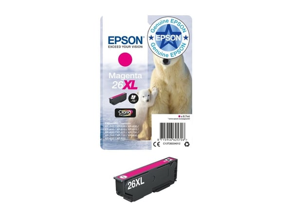 Epson Polar bear Yksittäispakkaus, magenta 26XL Claria Premium -muste, Korkea (XL) värintuotto, Väriainepohjainen muste, 9,7 ml, 700 sivua, 1 kpl
