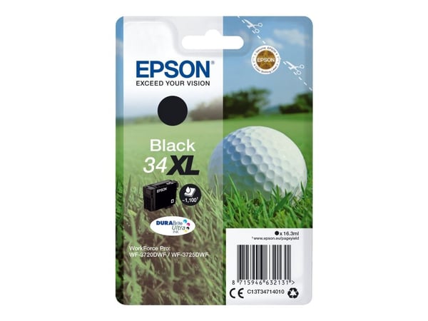 Epson Golf ball 34XL Golfpallo DURABrite Ultra, yksittäispakkaus, musta muste, High (L) Yield, Musta, Väriainepohjainen muste, 16,3 ml, 1 kpl, 1100...