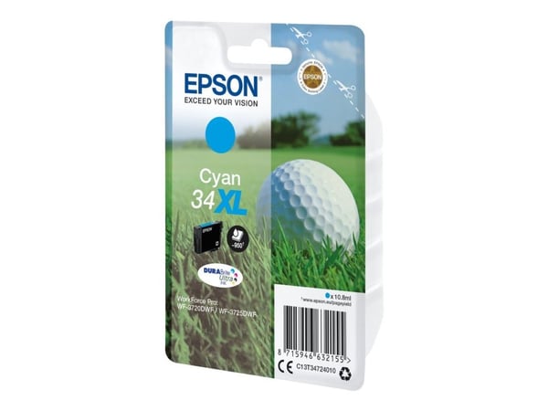 Epson Golf ball 34XL Golfpallo DURABrite Ultra, yksittäispakkaus, syaani muste, Korkea (XL) värintuotto, Syaani, 10,8 ml, 1 kpl, 950 sivua