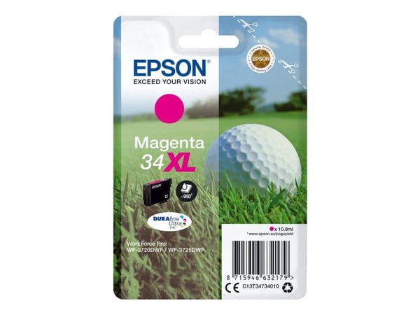 Epson Golf ball 34XL Golfpallo DURABrite Ultra, yksittäispakkaus, magenta muste, High (L) Yield, Magenta, Väriainepohjainen muste, 10,8 ml, 1 kpl, ...